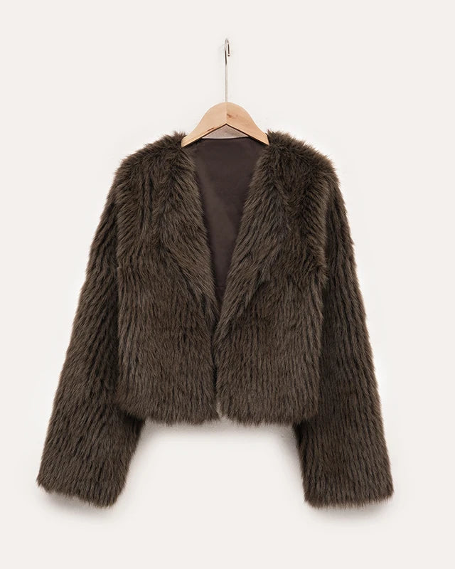 NTGFad Brown / S Fashion Women's V-neck Cardigan Jacket Faux Fur Coat