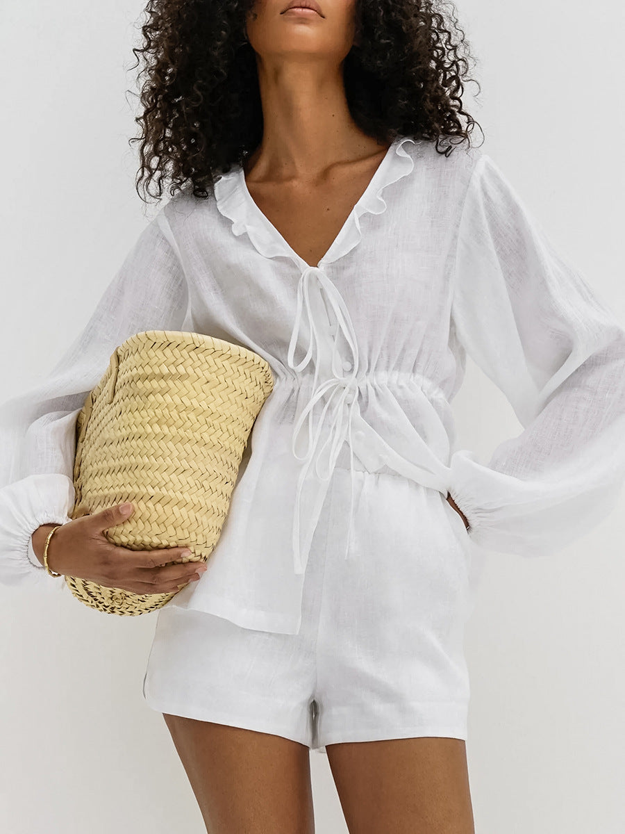 NTGFad Cotton and Linen Ruffle Two Piece Set