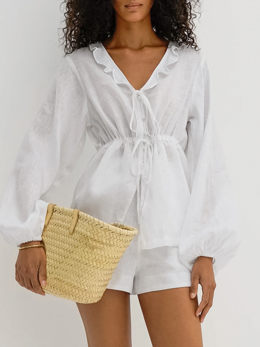 NTGFad Cotton and Linen Ruffle Two Piece Set