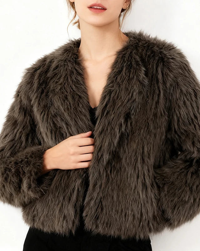 NTGFad Fashion Women's V-neck Cardigan Jacket Faux Fur Coat