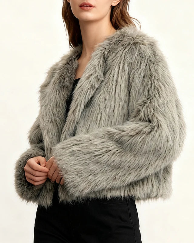 NTGFad Fashion Women's V-neck Cardigan Jacket Faux Fur Coat