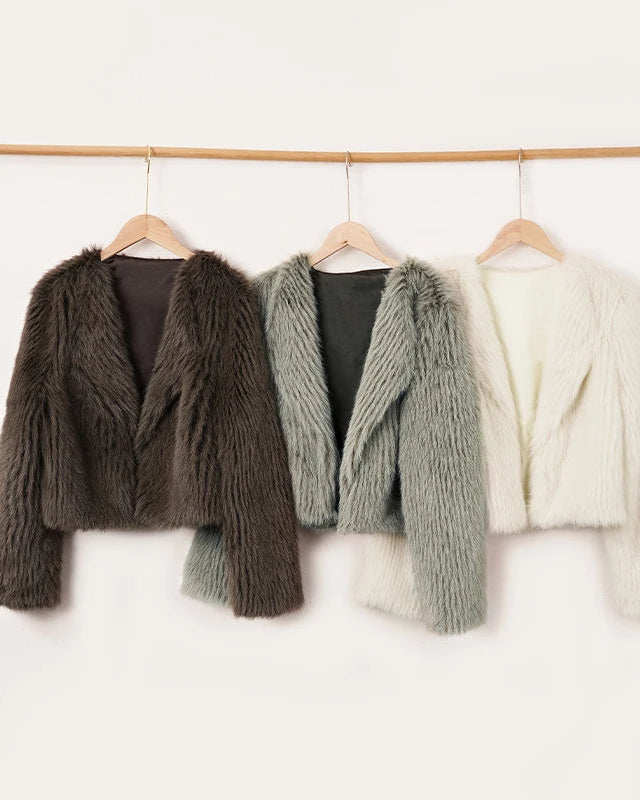 NTGFad Fashion Women's V-neck Cardigan Jacket Faux Fur Coat