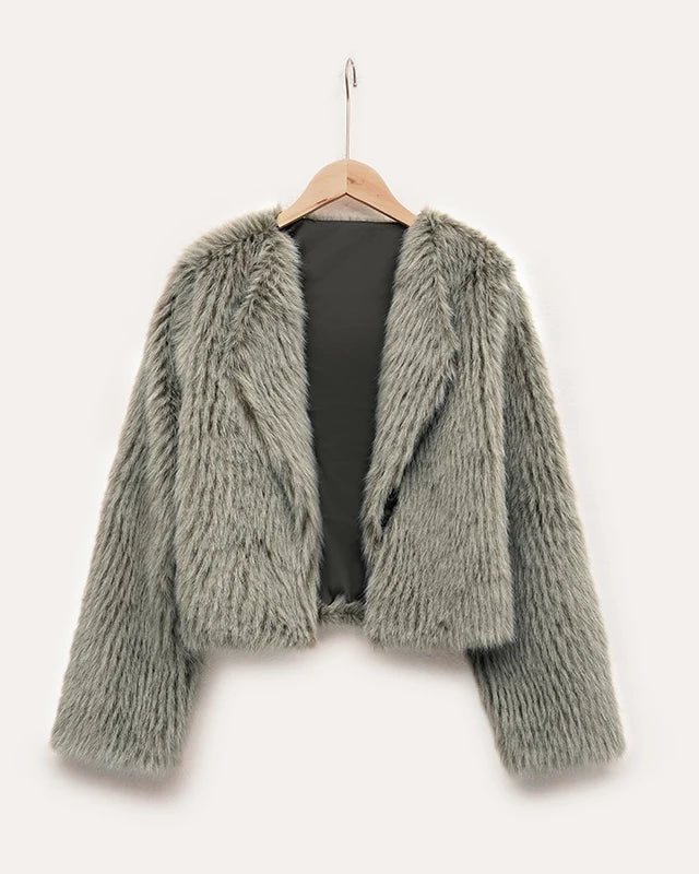 NTGFad Gray Green / S Fashion Women's V-neck Cardigan Jacket Faux Fur Coat