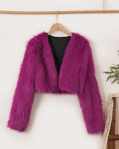 NTGFad Pitaya Color / S Sexy Women's V-neck Short Faux Fur Coat