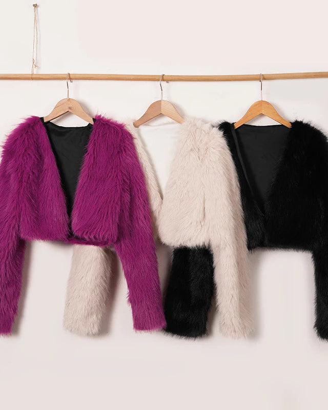 NTGFad Sexy Women's V-neck Short Faux Fur Coat