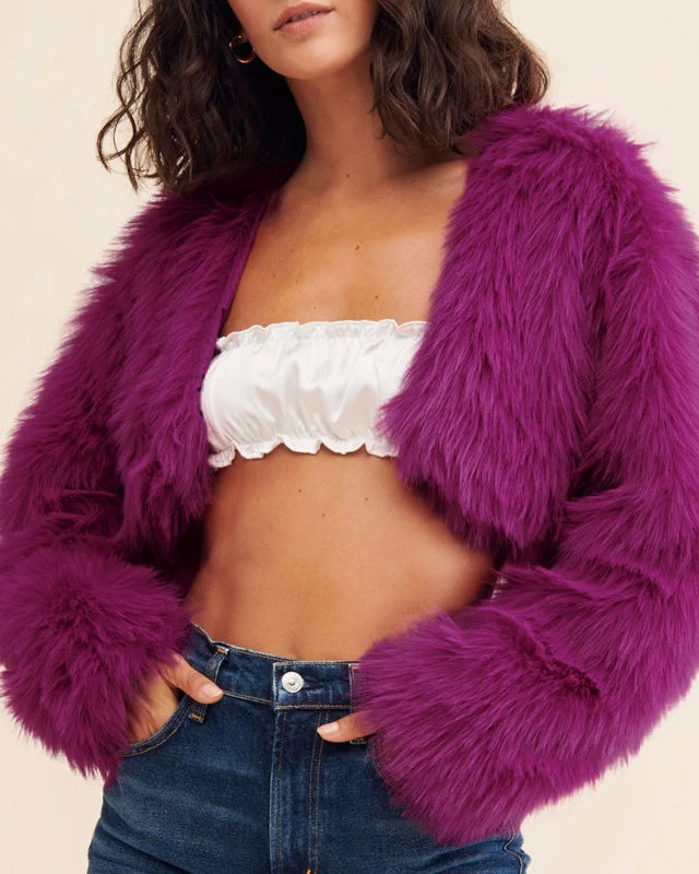 NTGFad Sexy Women's V-neck Short Faux Fur Coat