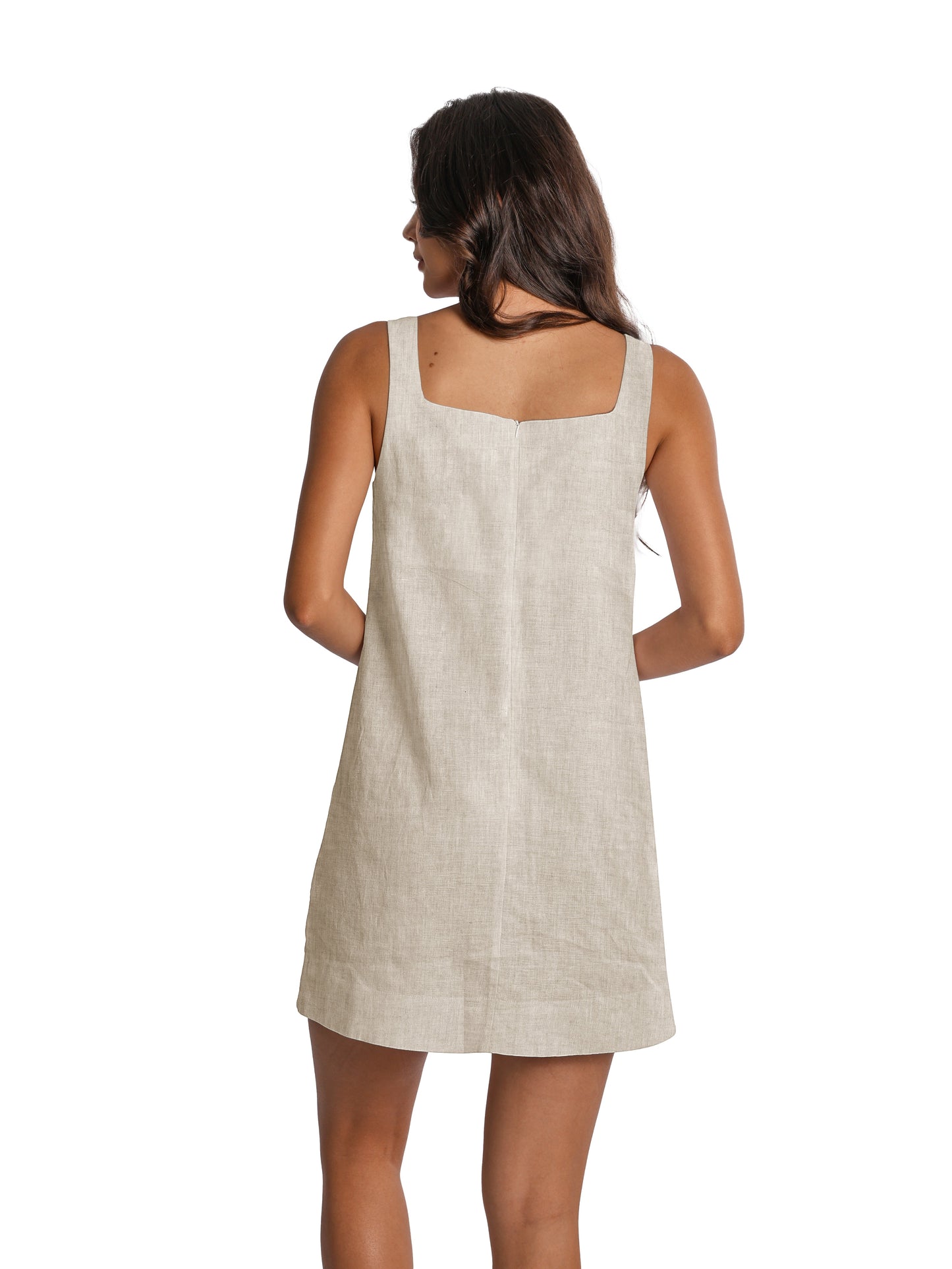 NTGFad Square Neck Cotton Linen Mini Dress With Pockets