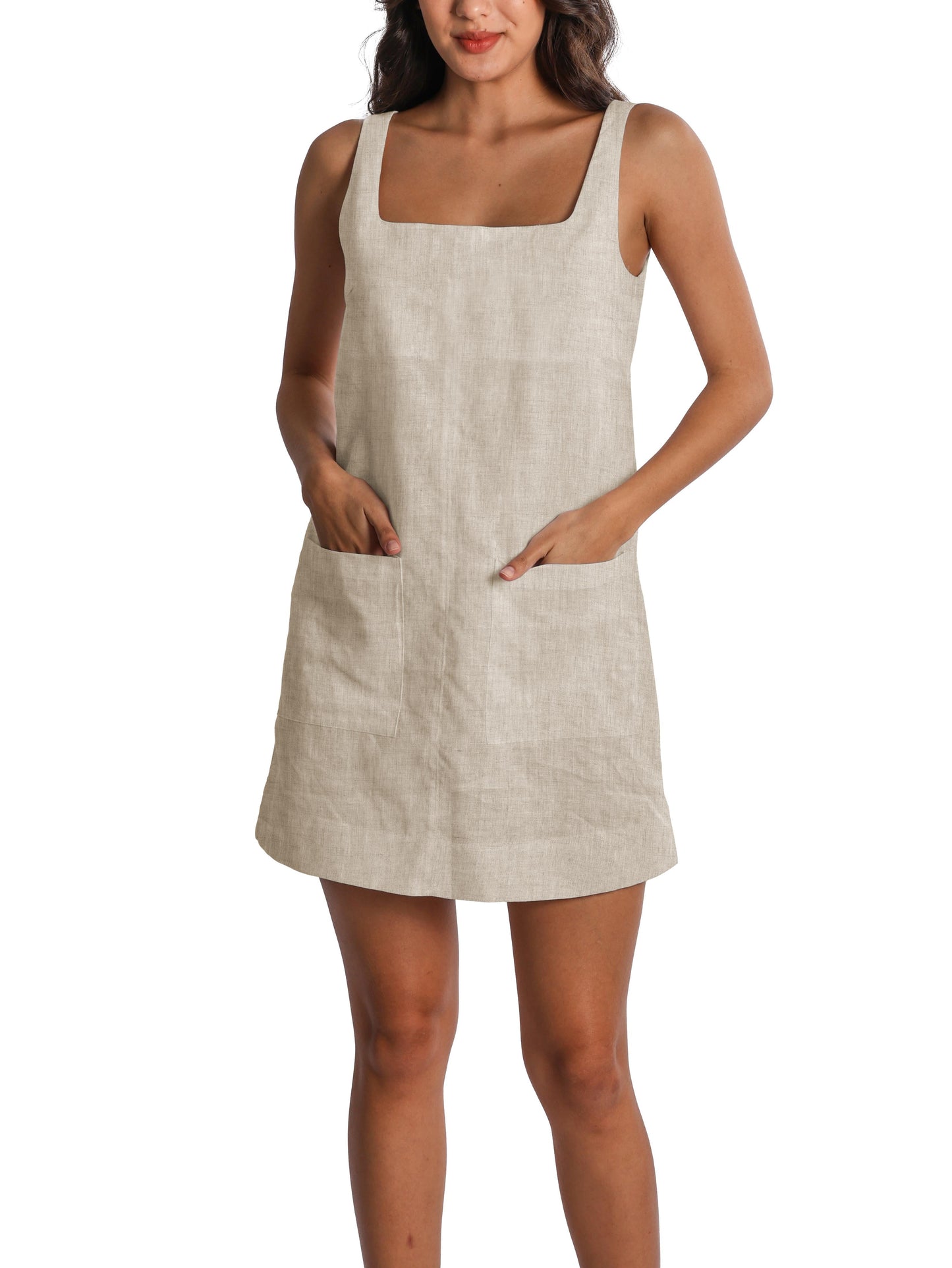NTGFad Square Neck Cotton Linen Mini Dress With Pockets