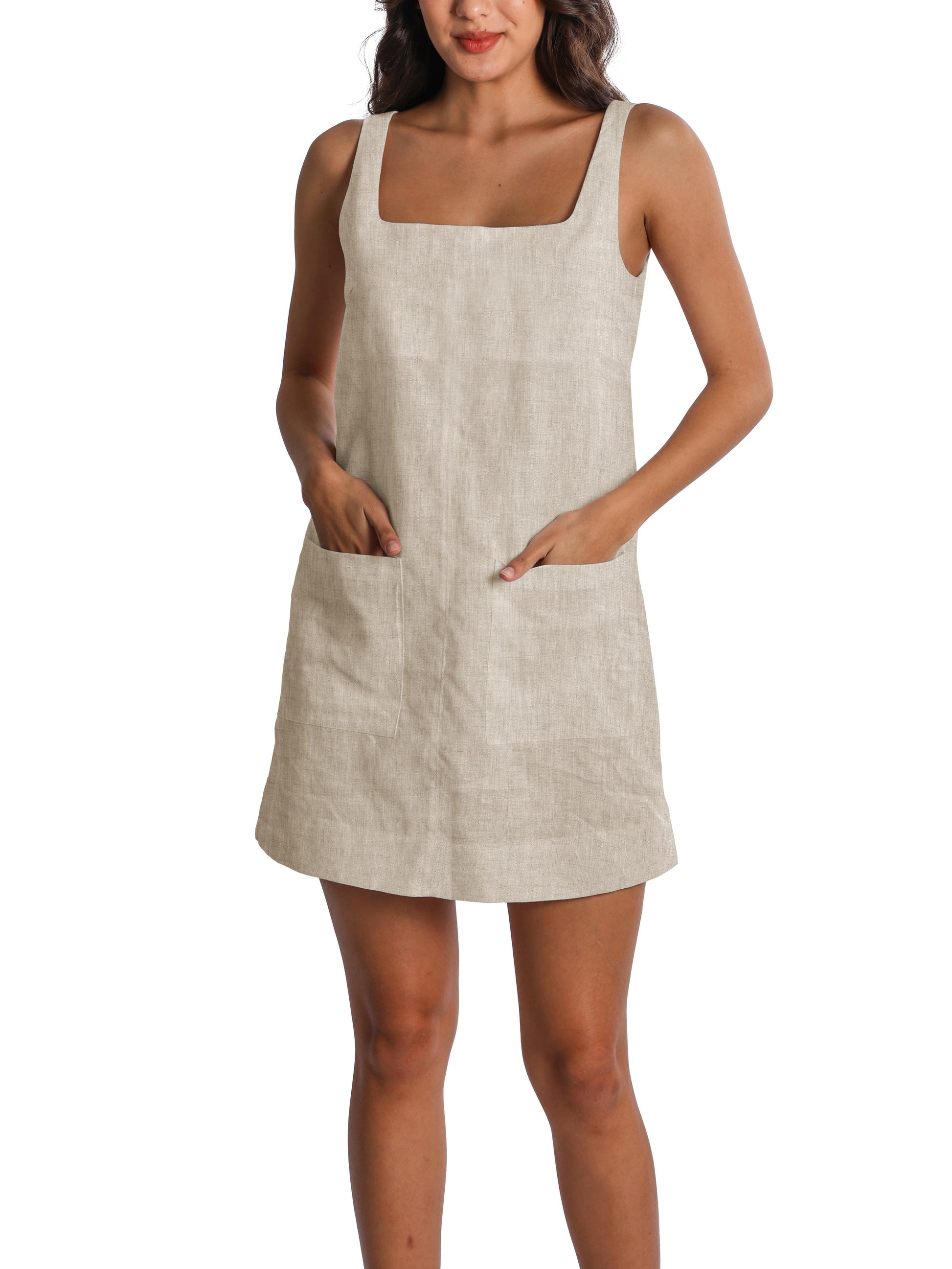 NTGFad Square Neck Cotton Linen Mini Dress With Pockets