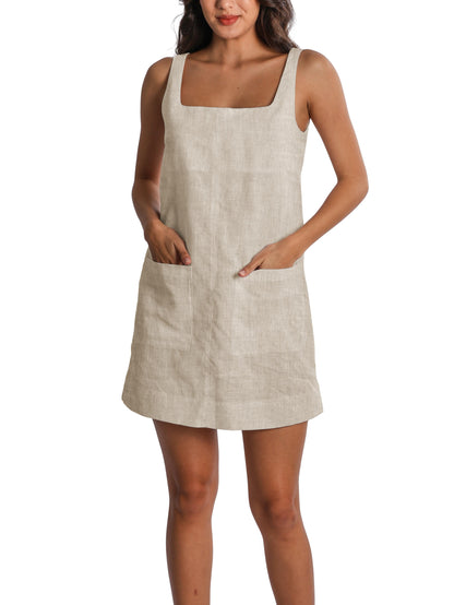 NTGFad Square Neck Cotton Linen Mini Dress With Pockets
