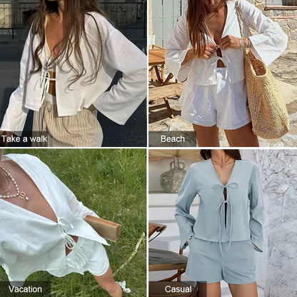 NTGFad Summer Vacation Beach Women Two Piece Set New Casual V-Neck Tie Long Sleeved Tops + Elastic Waist Pocket Shorts Sexy Ladies Suit