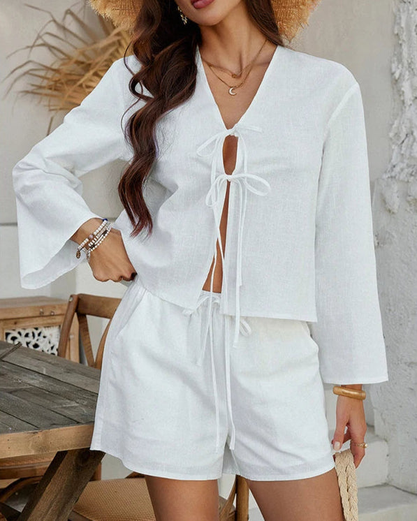 NTGFad Summer Vacation Beach Women Two Piece Set New Casual V-Neck Tie Long Sleeved Tops + Elastic Waist Pocket Shorts Sexy Ladies Suit