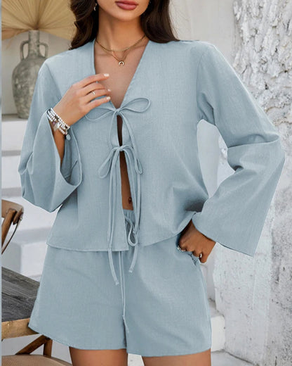 NTGFad Summer Vacation Beach Women Two Piece Set New Casual V-Neck Tie Long Sleeved Tops + Elastic Waist Pocket Shorts Sexy Ladies Suit
