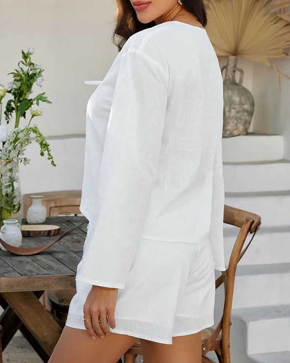 NTGFad Summer Vacation Beach Women Two Piece Set New Casual V-Neck Tie Long Sleeved Tops + Elastic Waist Pocket Shorts Sexy Ladies Suit