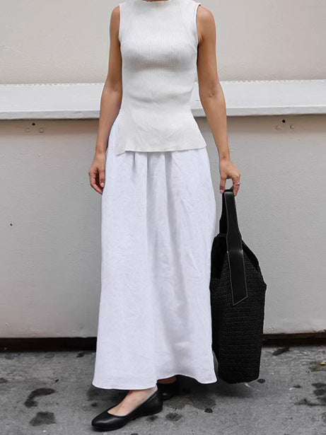 NTGFad White Cotton and Linen Loose High Waist A-line Skirt