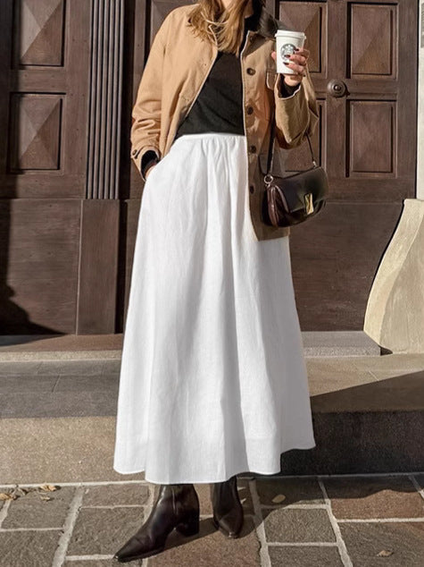 NTGFad White Cotton and Linen Loose High Waist A-line Skirt