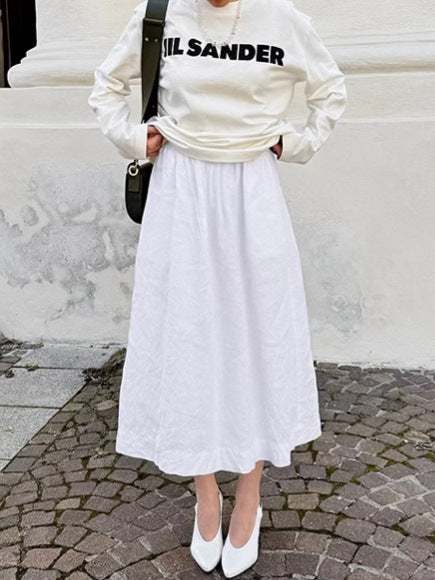 NTGFad White Cotton and Linen Loose High Waist A-line Skirt