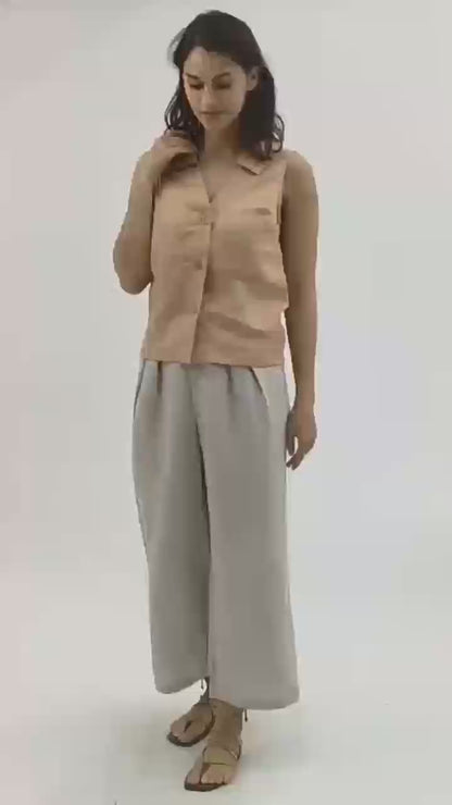 Women's 100 Linen Summer Sleeveless Button-Down Tops Slight Crop Vest