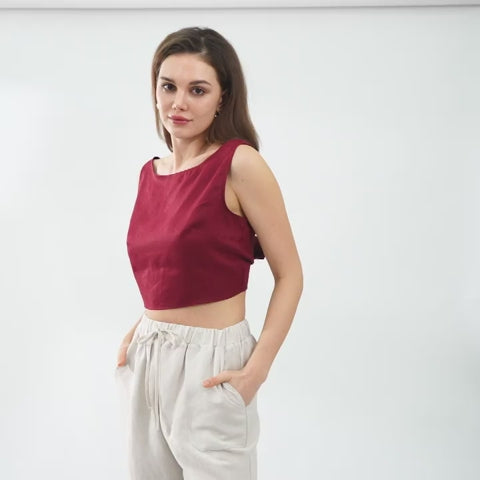 100% LINEN BACKLESS TIE SUMMER CROP TANK TOPS