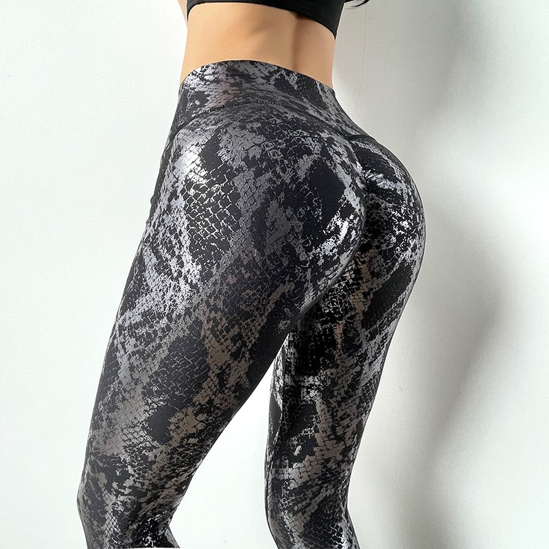  2022 NTG S / Black New Snakeskin Pattern Push Up Fitness Leggings Sports Yoga Pants
