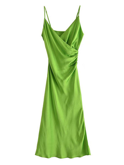NTG Fad Green / XS Fashion Satin Draped Midi  Female Vintage Chic Backless Adjustable Thin Straps Dress