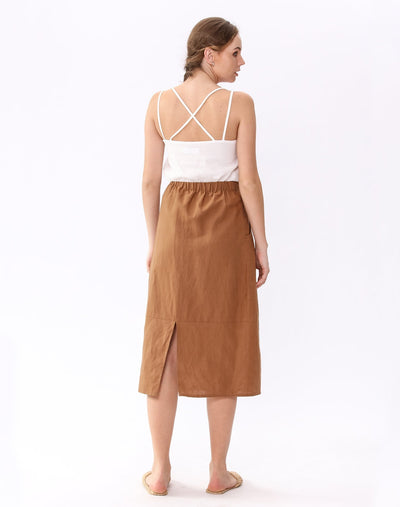 Amazhiyu Skirt Linen Pleated Pockets Skirt