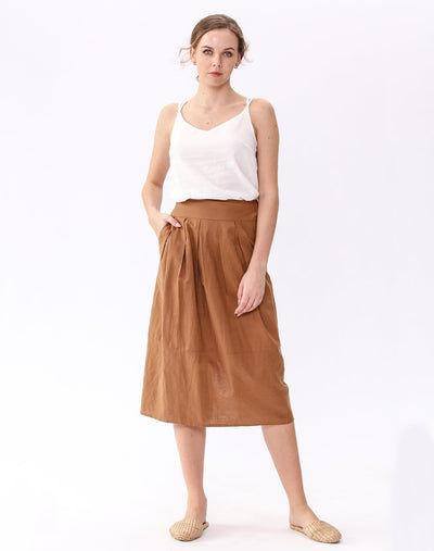 Amazhiyu Skirt S / Brown Linen Pleated Pockets Skirt