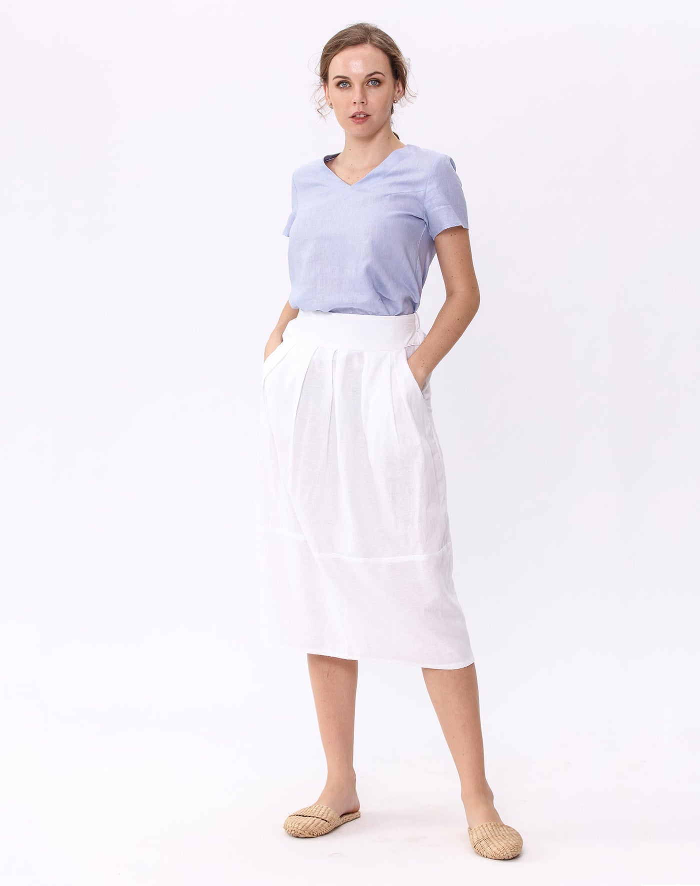 Amazhiyu Skirt S / White Linen Pleated Pockets Skirt