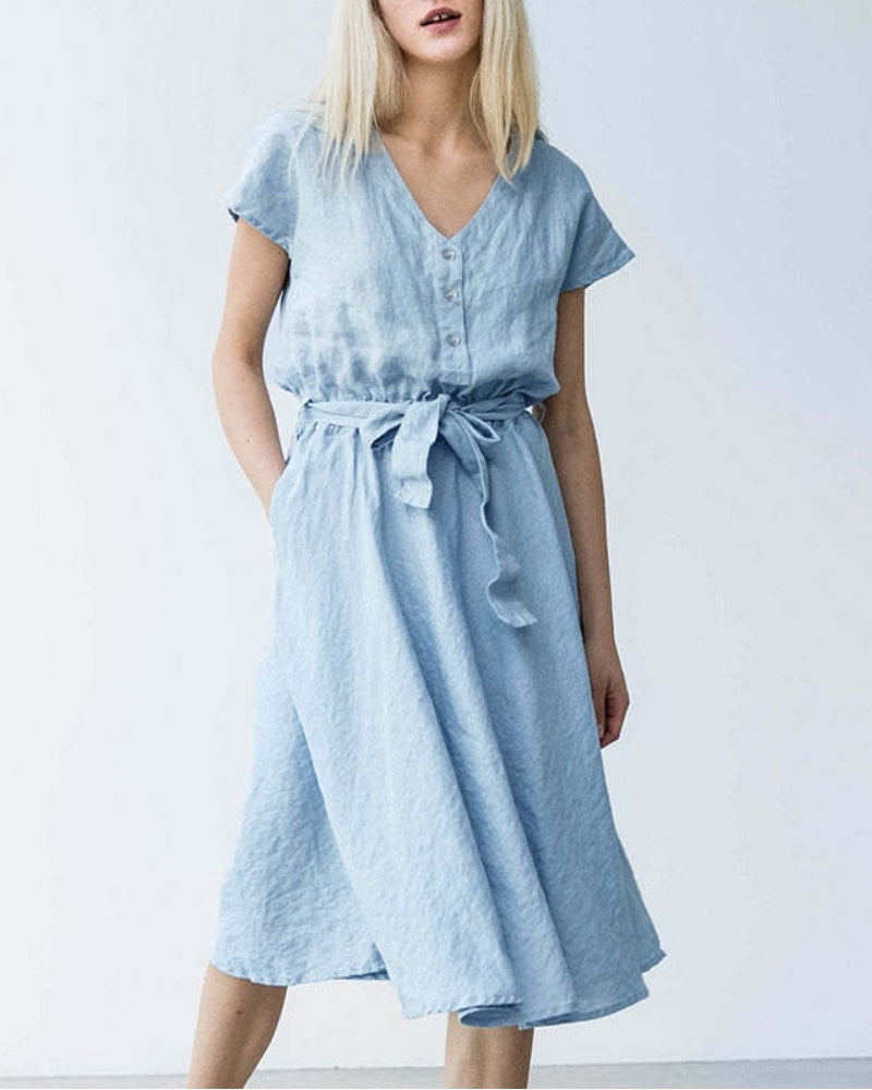 NTG 2022 Casual Linen Cotton Pocket Short Length Mid-Calf Dress