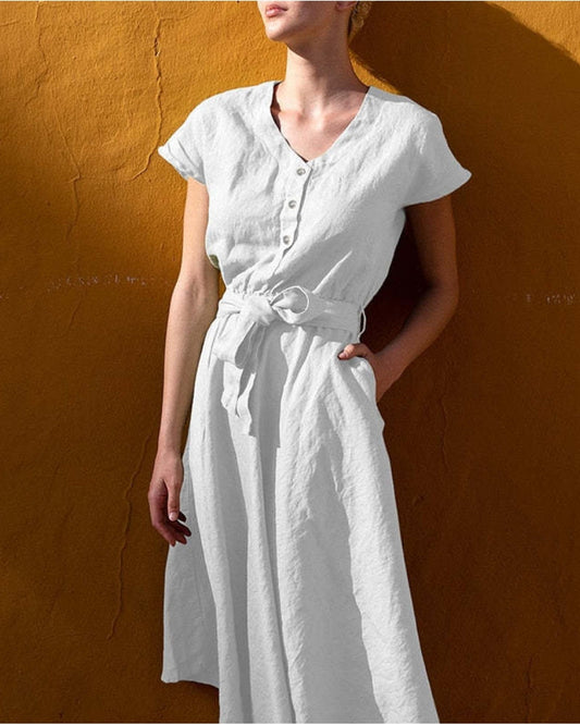 NTG 2022 Casual Linen Cotton Pocket Short Length Mid-Calf Dress