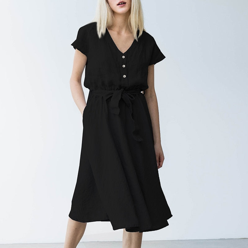 NTG 2022 S / Black Casual Linen Cotton Pocket Short Length Mid-Calf Dress
