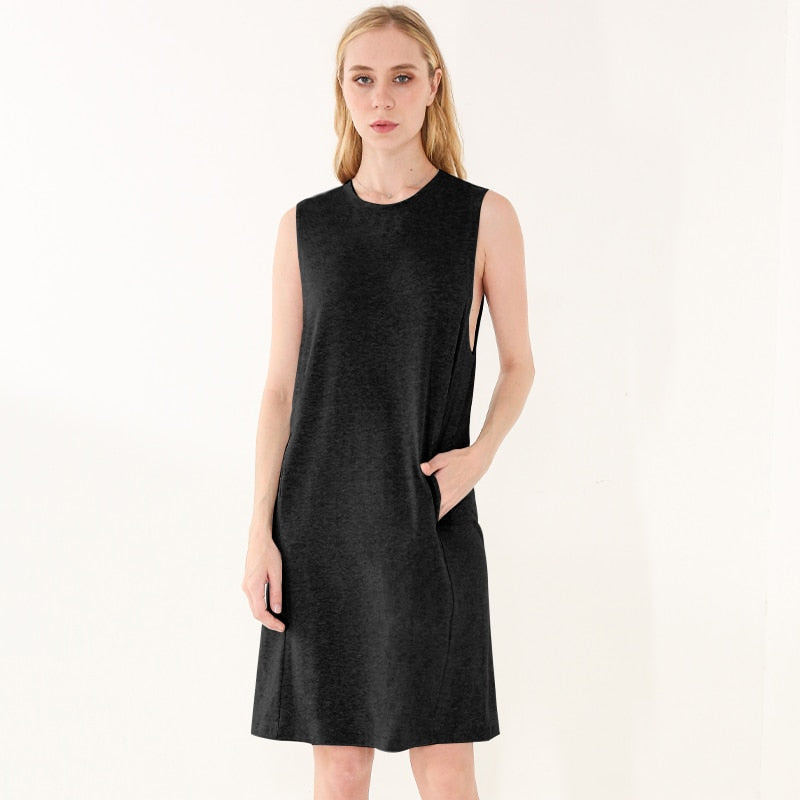  NTG 2022 S / Black Cotton Casual Loose O-Neck Long Dresses