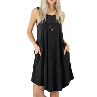  NTG 2022 S / Black Solid O-Neck Sleeveless Basic Pockets Dress