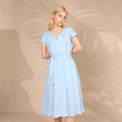 NTG 2022 S / Blue Linen Cotton Casual Pocket Short Length Mid-Calf Dress