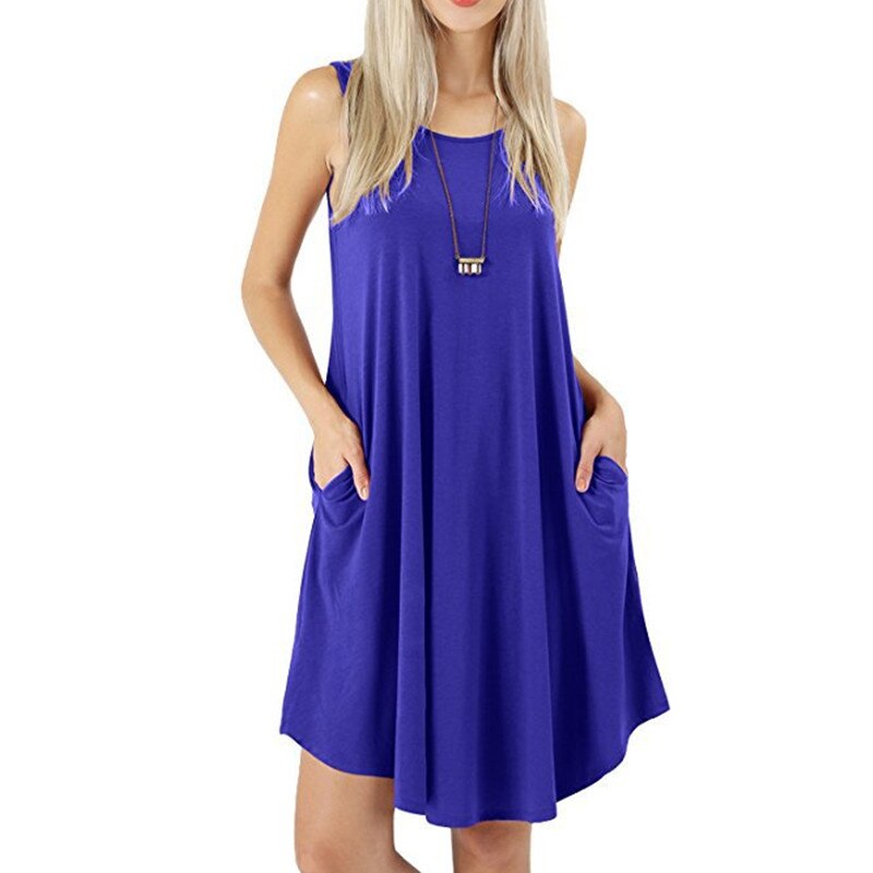  NTG 2022 S / Blue Solid O-Neck Sleeveless Basic Pockets Dress