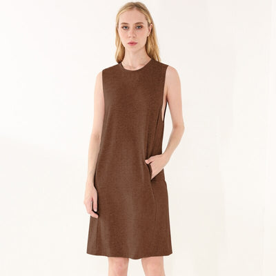  NTG 2022 S / Brown Cotton Casual Loose O-Neck Long Dresses