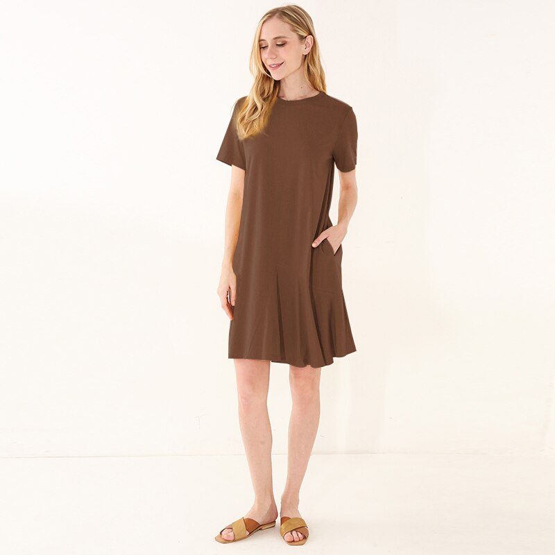 NTG 2022 S / Brown Cotton Women O-Neck Lady Dresses