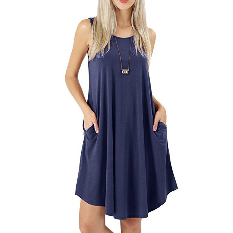  NTG 2022 S / Dark Blue Solid O-Neck Sleeveless Basic Pockets Dress