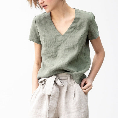  NTG 2022 S / Green Linen Sexy V-Neck Solid Top