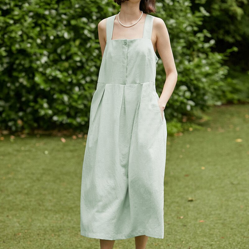  NTG 2022 S / Green Linen Solid Square Dress