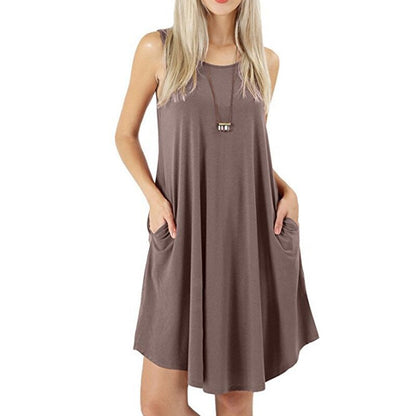  NTG 2022 S / Khaki Solid O-Neck Sleeveless Basic Pockets Dress