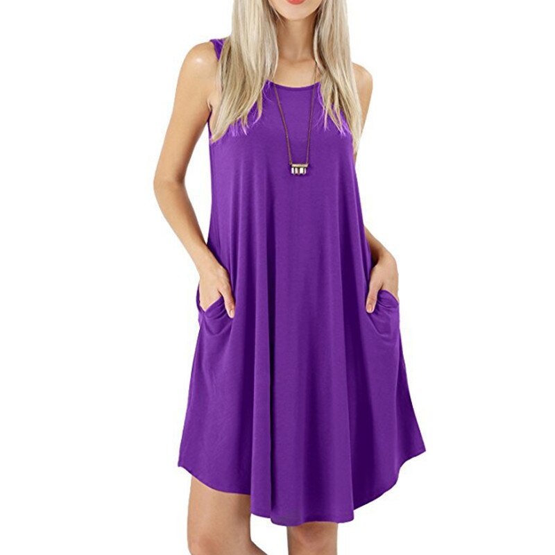  NTG 2022 S / Purple Solid O-Neck Sleeveless Basic Pockets Dress
