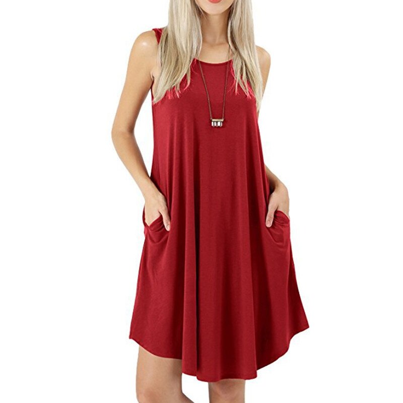  NTG 2022 S / Red Solid O-Neck Sleeveless Basic Pockets Dress