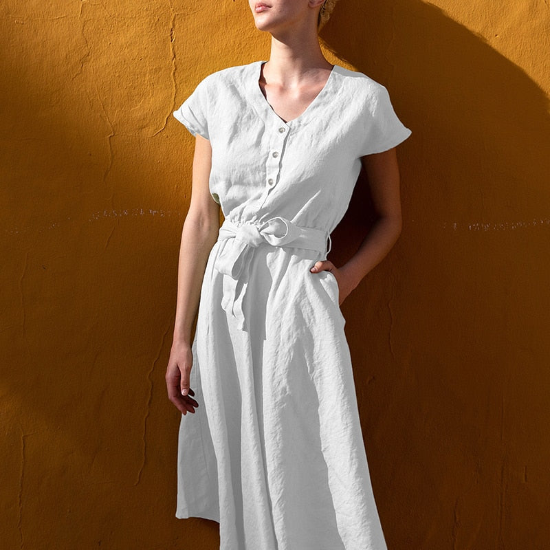 NTG 2022 S / White Casual Linen Cotton Pocket Short Length Mid-Calf Dress
