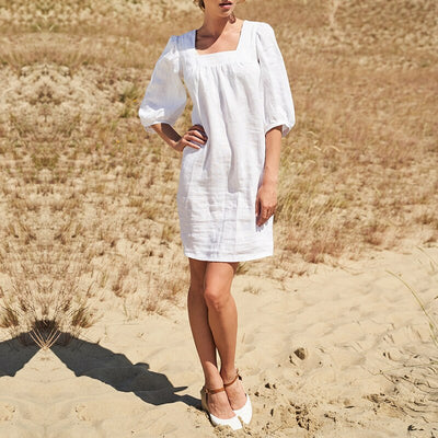 NTG 2022 S / White Linen Blended High Waist Holiday Casual Boho Chic Dress