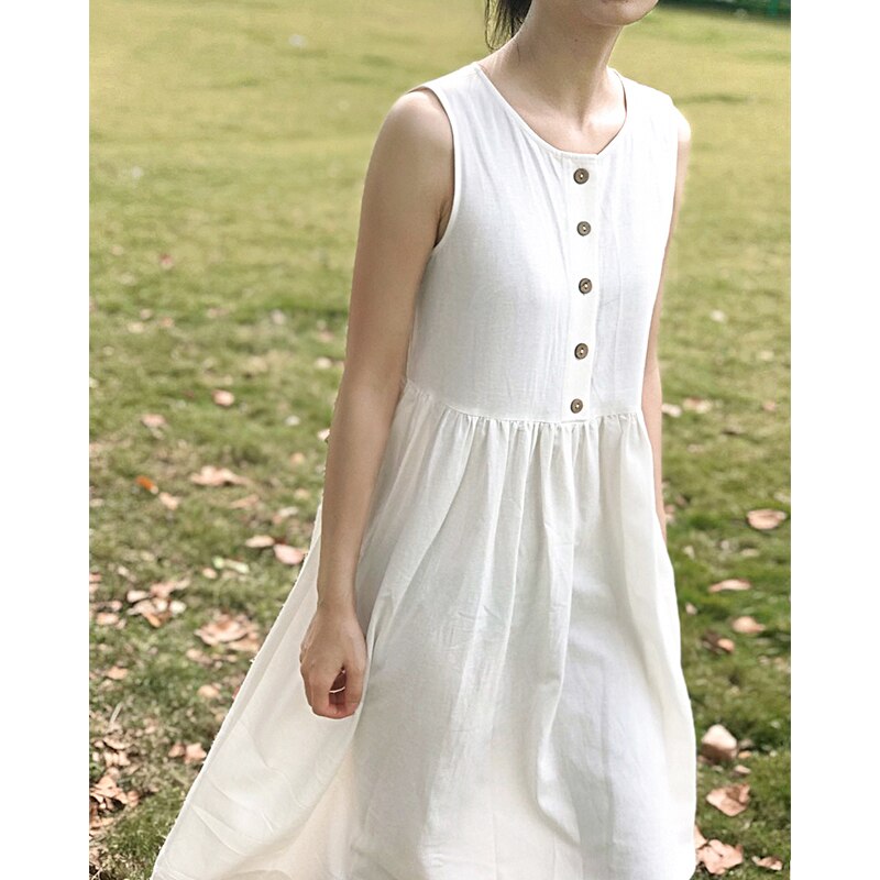  NTG 2022 S / White Linen O-Neck Ladies Dress