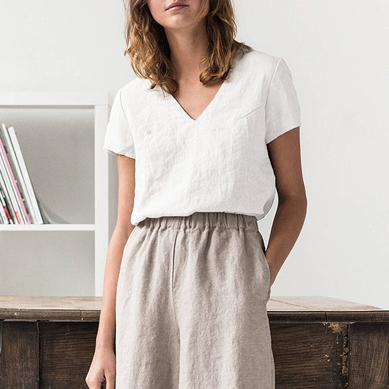  NTG 2022 S / White Linen Sexy V-Neck Solid Top