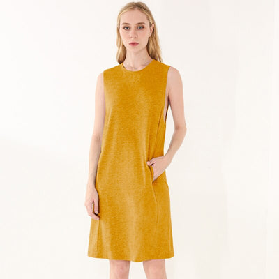  NTG 2022 S / Yellow Cotton Casual Loose O-Neck Long Dresses