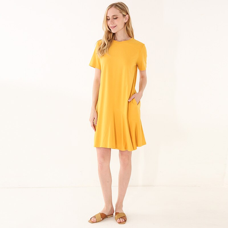  NTG 2022 S / Yellow Cotton Women O-Neck Lady Dresses