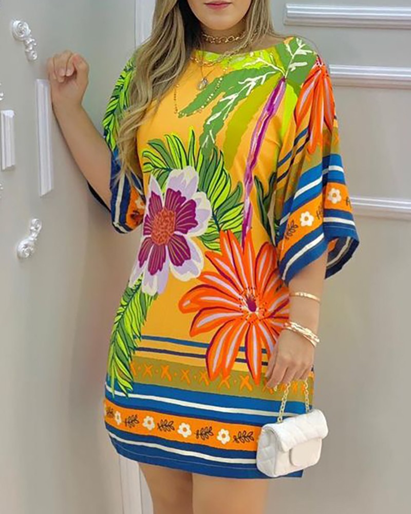  NTG 2022 Tropical Print Boat Neck Casual Dress